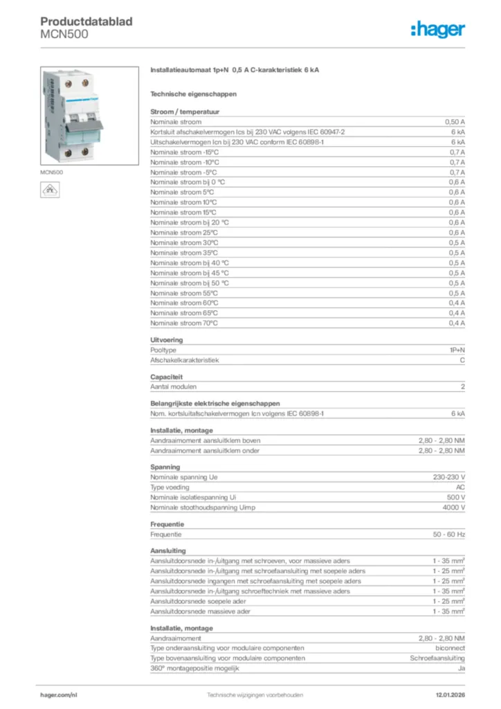 Afbeelding Hager Productdatablad MCN500 | Hager Nederland