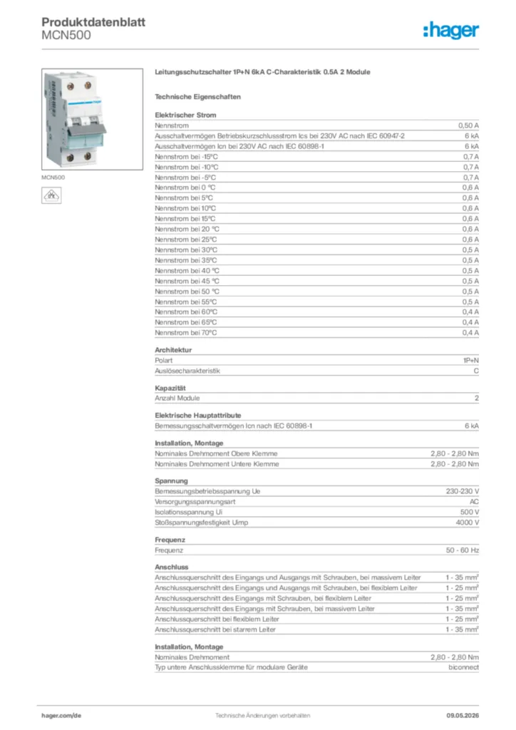 Bild Hager Produktdatenblatt MCN500 | Hager Deutschland