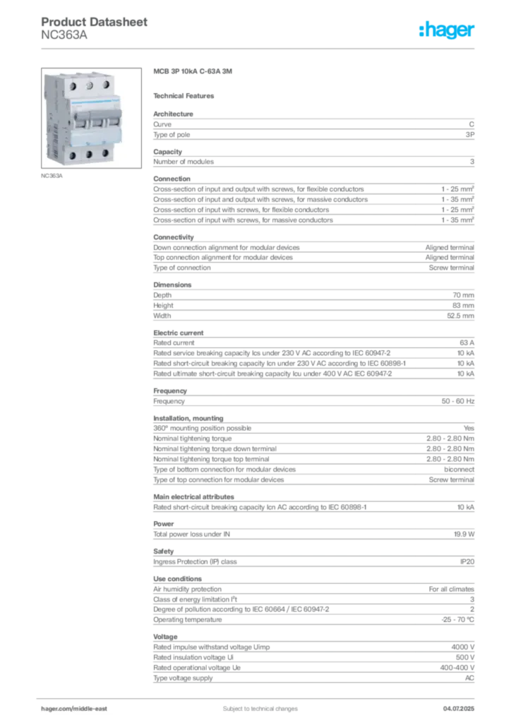 Image Hager Product data sheet NC363A  | Hager