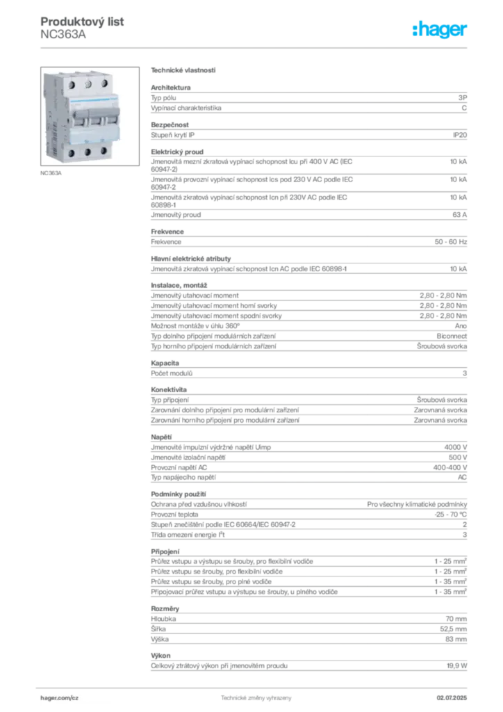 Obrázek Hager Product data sheet NC363A | Hager