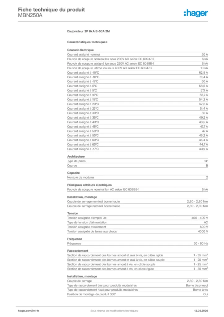 Image Hager Fiche technique du produit MBN250A | Hager Afrique