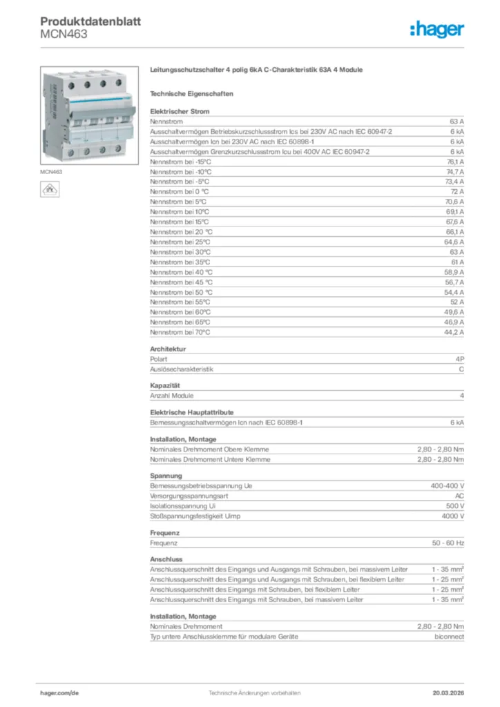 Bild Hager Produktdatenblatt MCN463 | Hager Deutschland