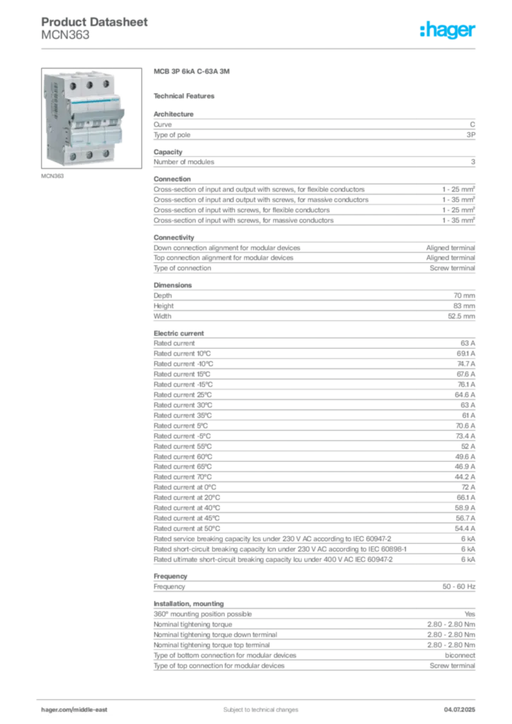Image Hager Product data sheet MCN363  | Hager
