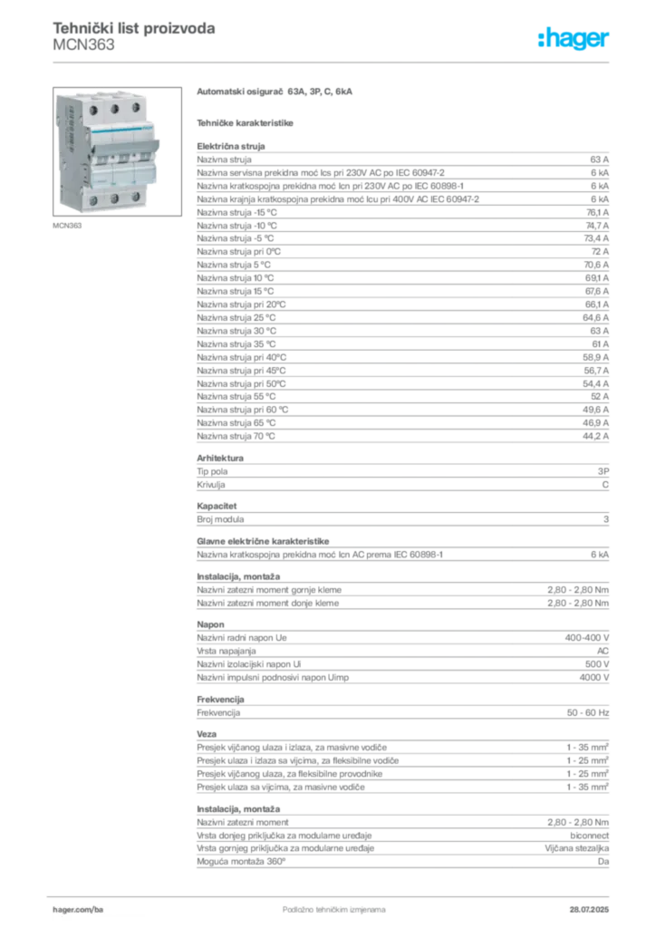 Slika Hager Product data sheet MCN363  | Hager