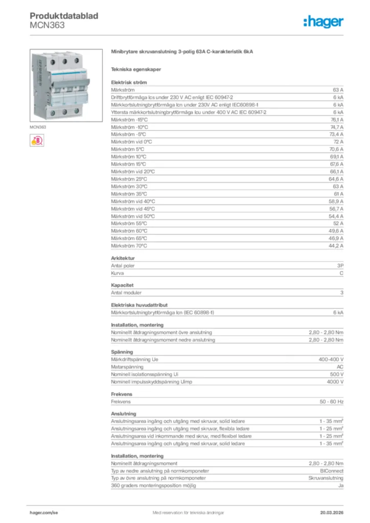 Bild Hager Produktdatablad MCN363 | Hager Sverige