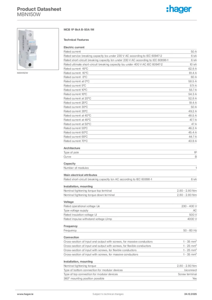 Image Hager Product data sheet MBN150W  | Hager