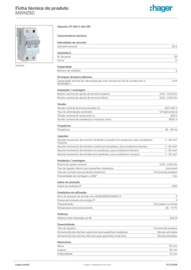 Imagem Hager Ficha técnica do produto MWN250 | Hager Portugal