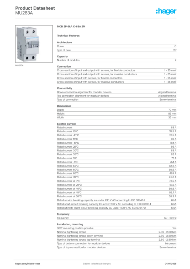 Image Hager Product data sheet MU263A  | Hager