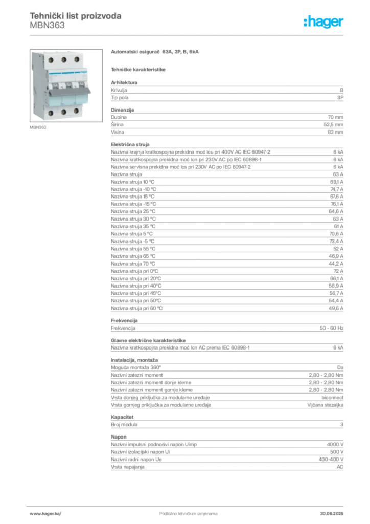 Slika Hager Product data sheet MBN363  | Hager