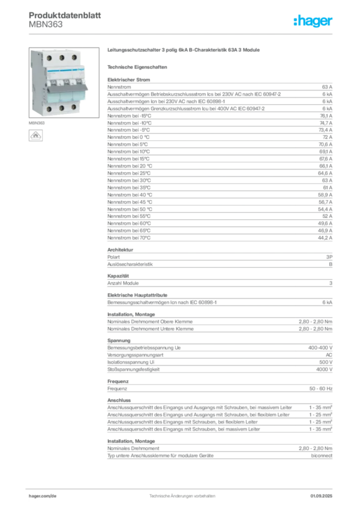 Bild Hager Produktdatenblatt MBN363 | Hager Deutschland