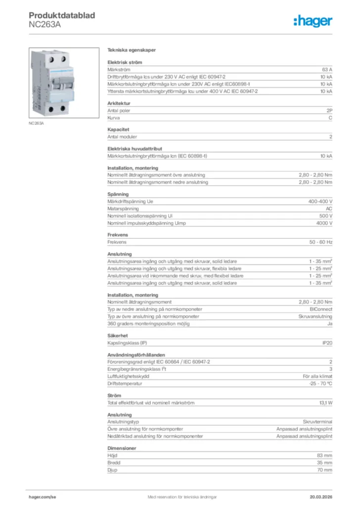 Bild Hager Produktdatablad NC263A | Hager Sverige