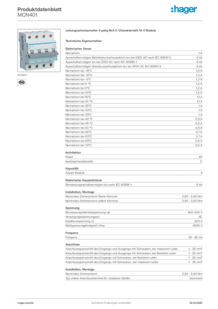 Bild Hager Produktdatenblatt MCN401 | Hager Deutschland