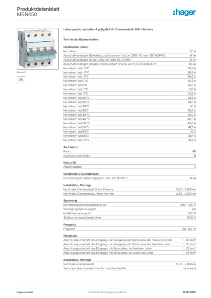 Bild Hager Produktdatenblatt MBN450 | Hager Deutschland