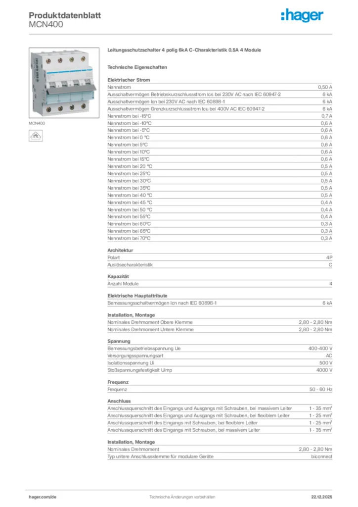 Bild Hager Produktdatenblatt MCN400 | Hager Deutschland