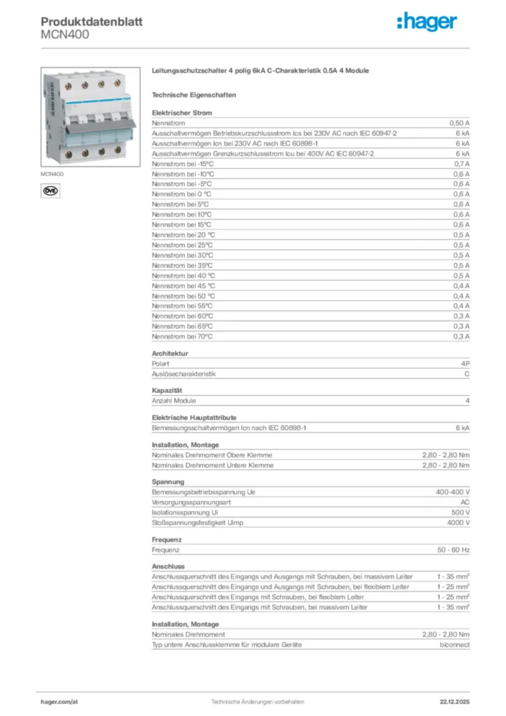 Bild Hager Produktdatenblatt MCN400 | Hager Deutschland