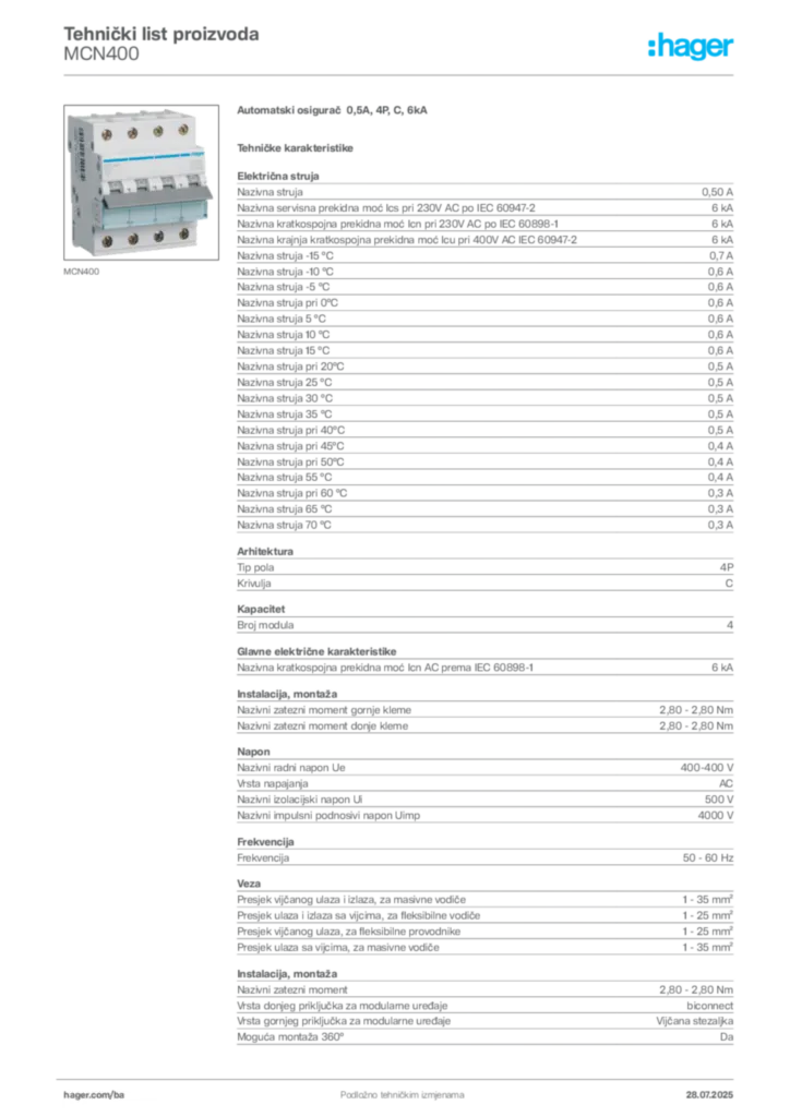 Slika Hager Product data sheet MCN400  | Hager