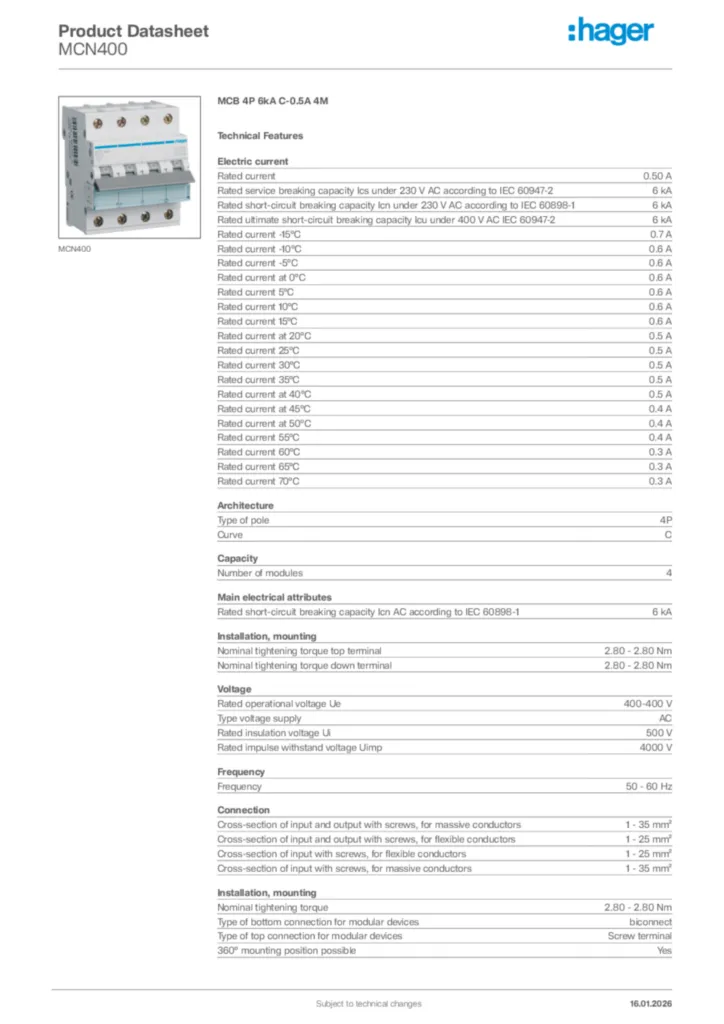 Image Hager Product data sheet MCN400  | Hager