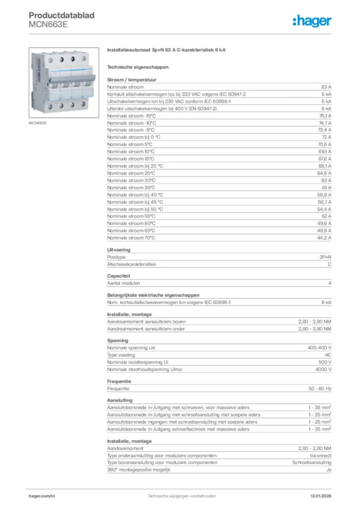 Afbeelding Hager Productdatablad MCN663E | Hager Nederland