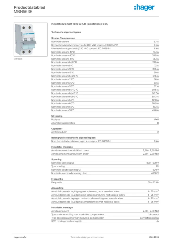 Afbeelding Hager Productdatablad MBN563E | Hager Nederland
