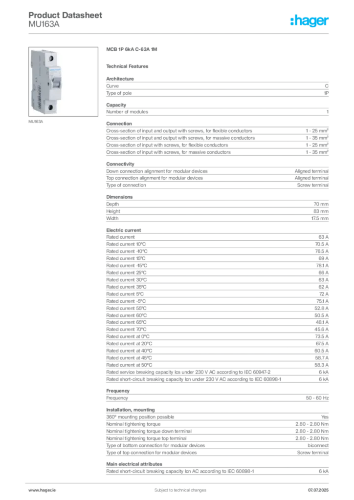 Image Hager Product data sheet MU163A  | Hager