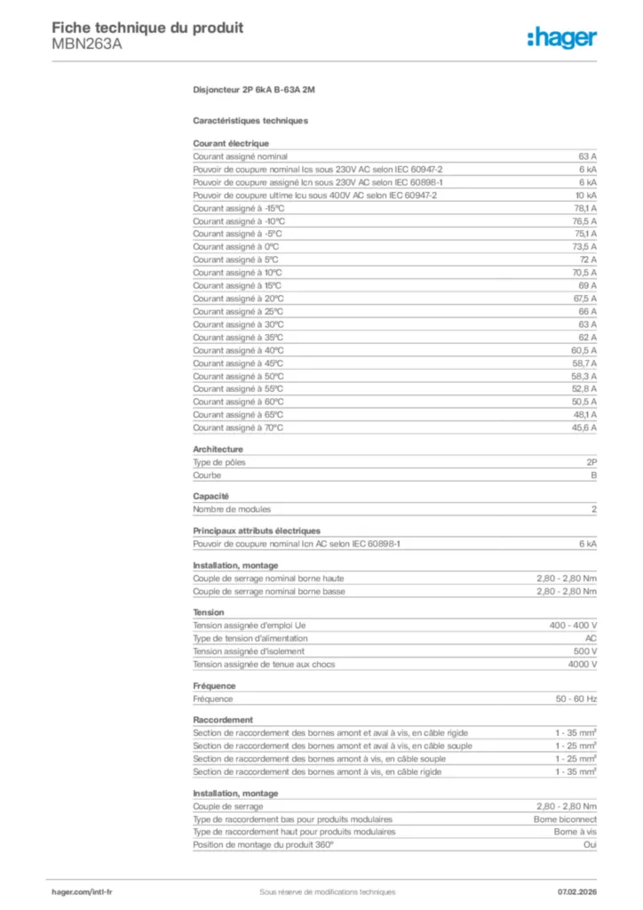 Image Hager Fiche technique du produit MBN263A | Hager Afrique