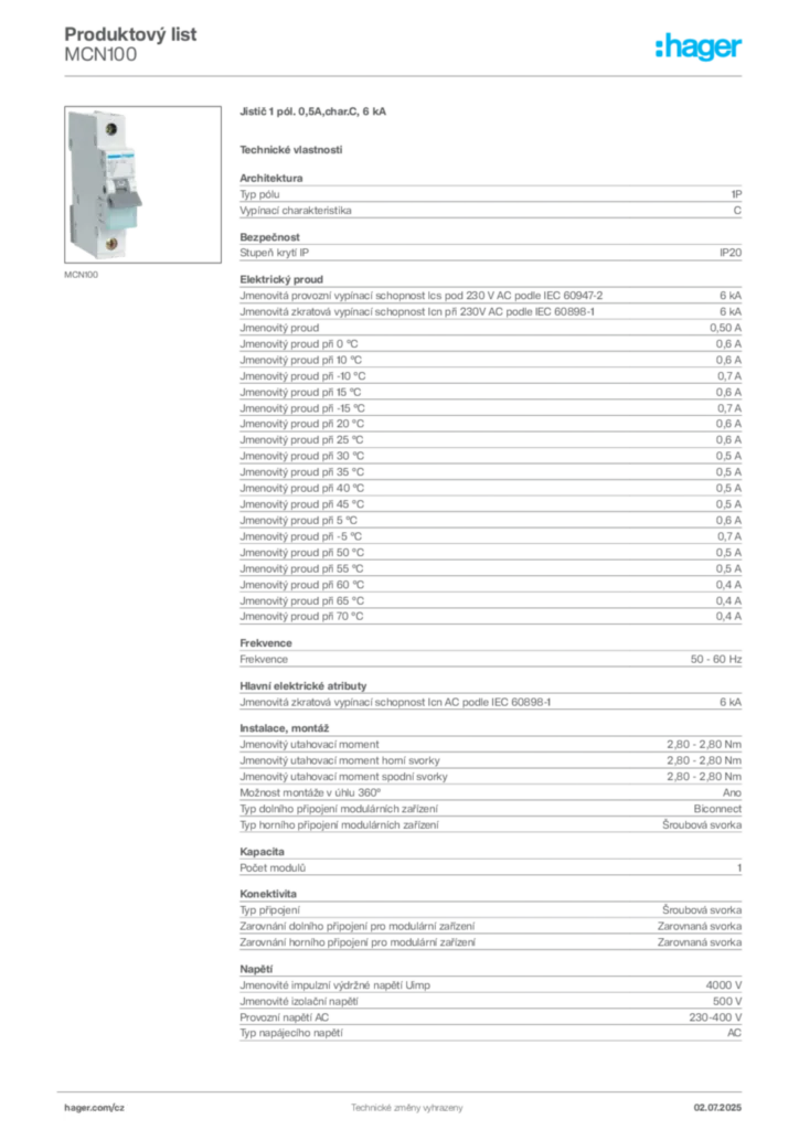 Obrázek Hager Product data sheet MCN100 | Hager