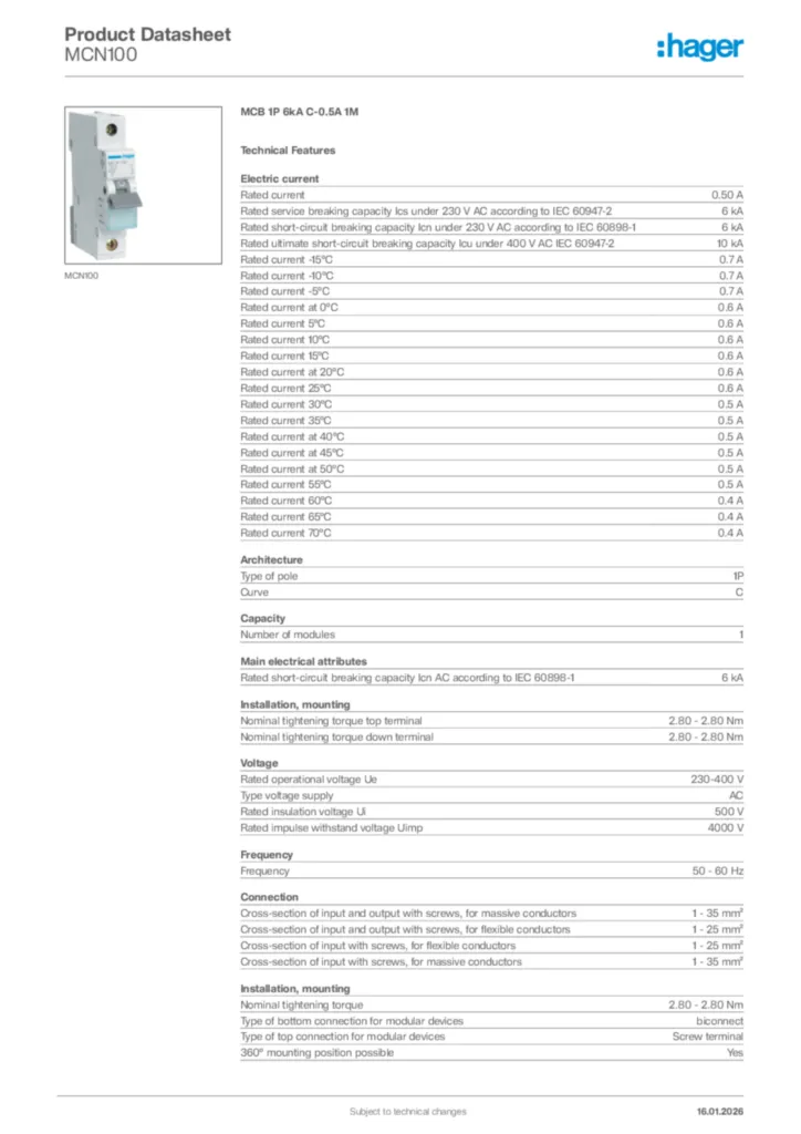 Image Hager Product data sheet MCN100  | Hager