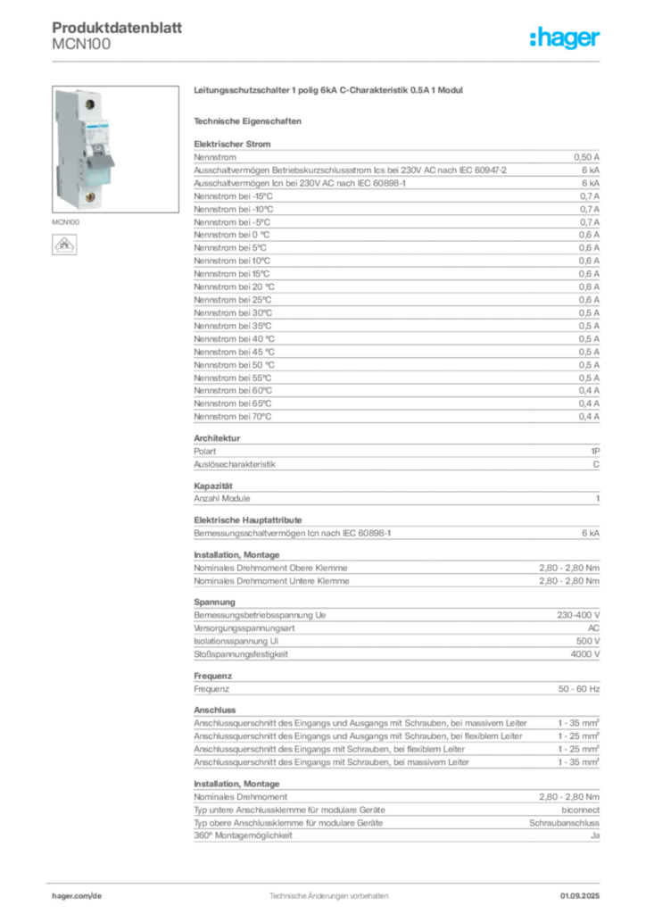 Hager Produktdatenblatt MCN100