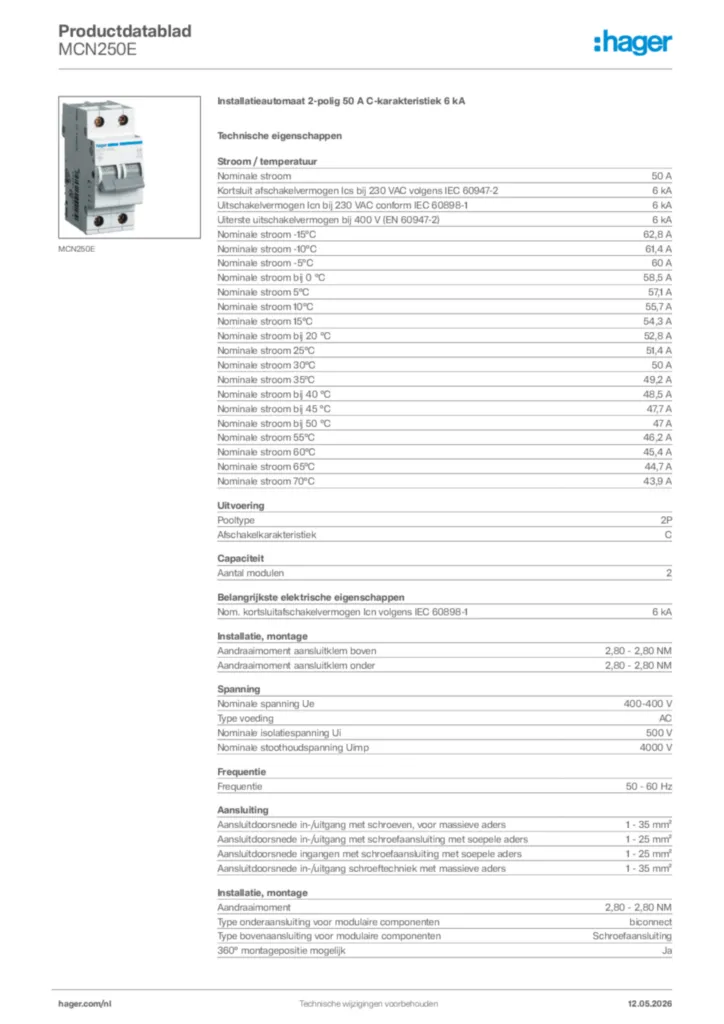Afbeelding Hager Productdatablad MCN250E | Hager Nederland
