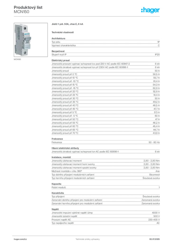 Obrázek Hager Product data sheet MCN150 | Hager