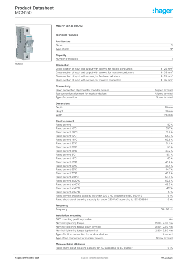 Image Hager Product data sheet MCN150  | Hager