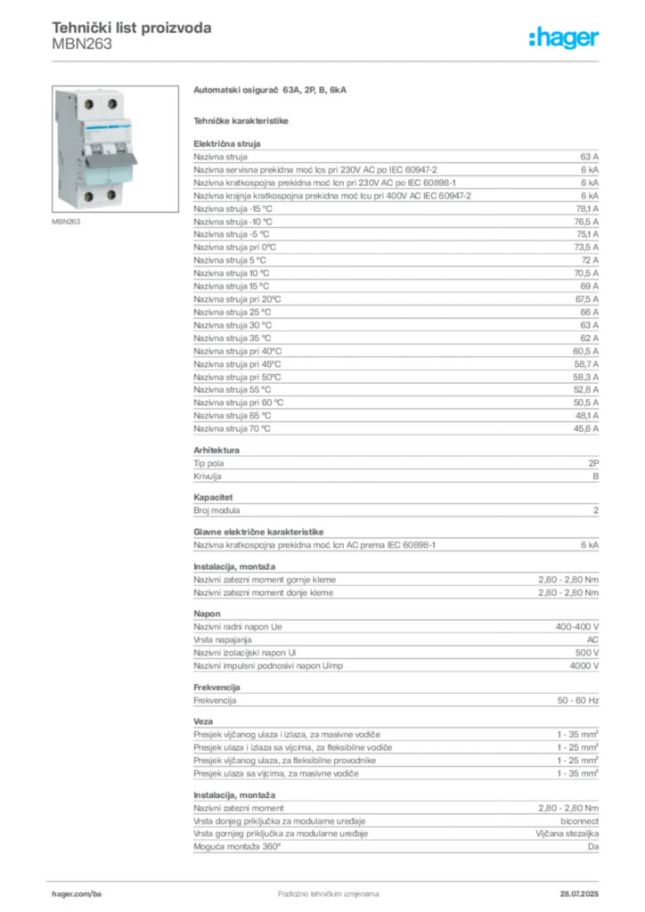 Slika Hager Product data sheet MBN263  | Hager