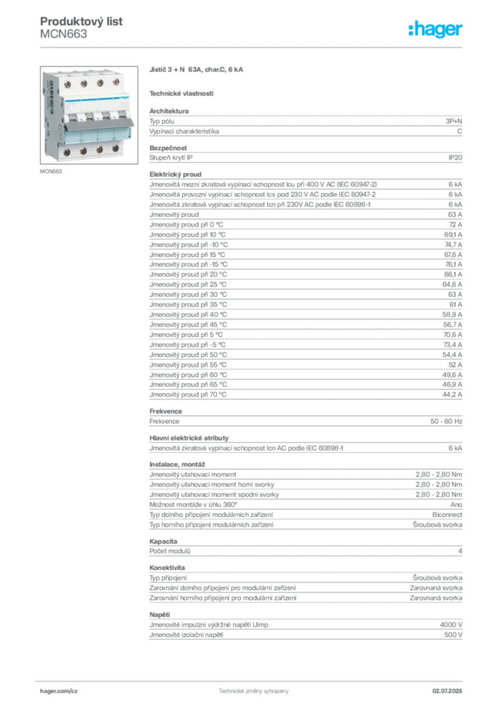 Obrázek Hager Product data sheet MCN663 | Hager