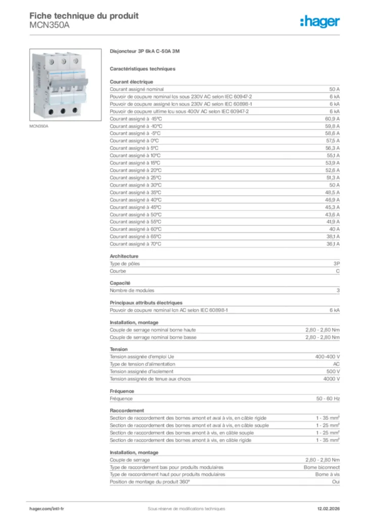 Image Hager Fiche technique du produit MCN350A | Hager Afrique