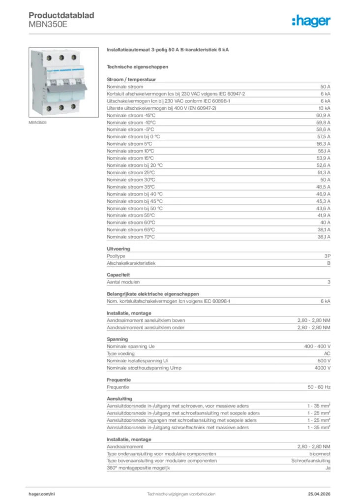 Afbeelding Hager Productdatablad MBN350E | Hager Nederland