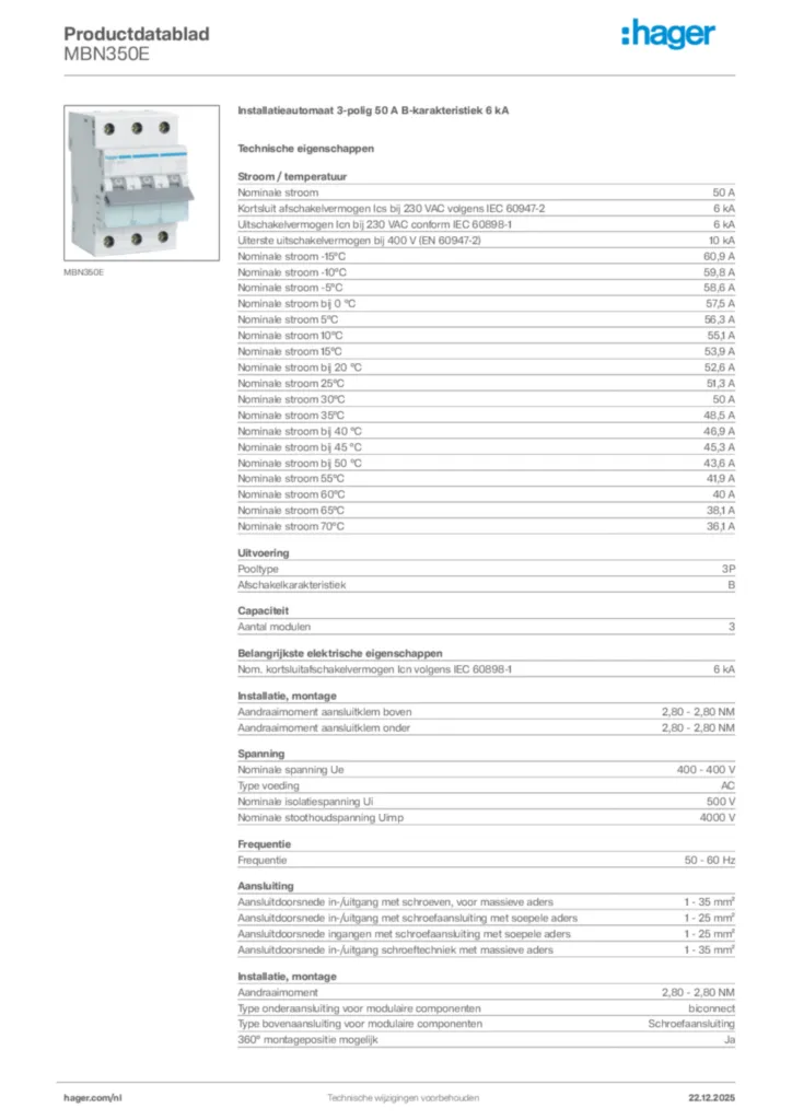 Afbeelding Hager Productdatablad MBN350E | Hager Nederland
