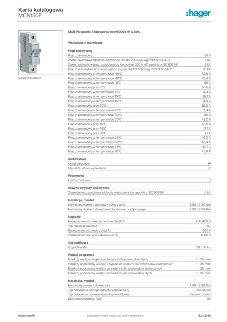 Zdjęcie Hager Karta katalogowa MCN150E | Hager Polska