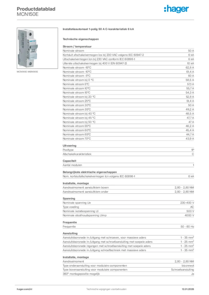Afbeelding Hager Productdatablad MCN150E | Hager Nederland