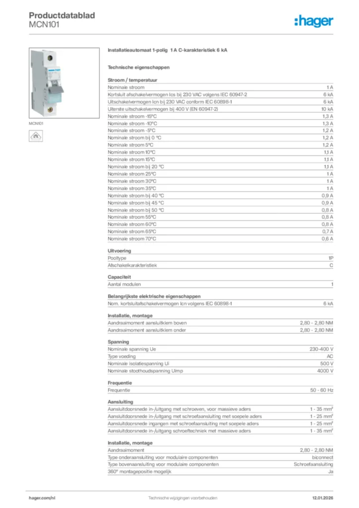 Afbeelding Hager Productdatablad MCN101 | Hager Nederland