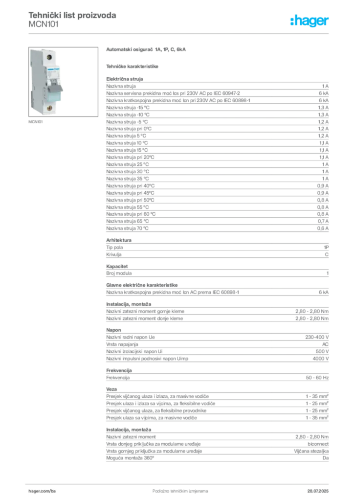 Slika Hager Product data sheet MCN101  | Hager