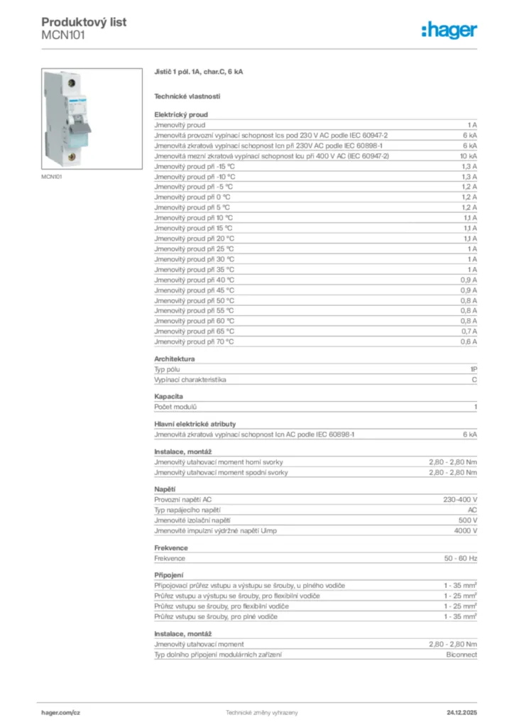 Obrázek Hager Product data sheet MCN101 | Hager