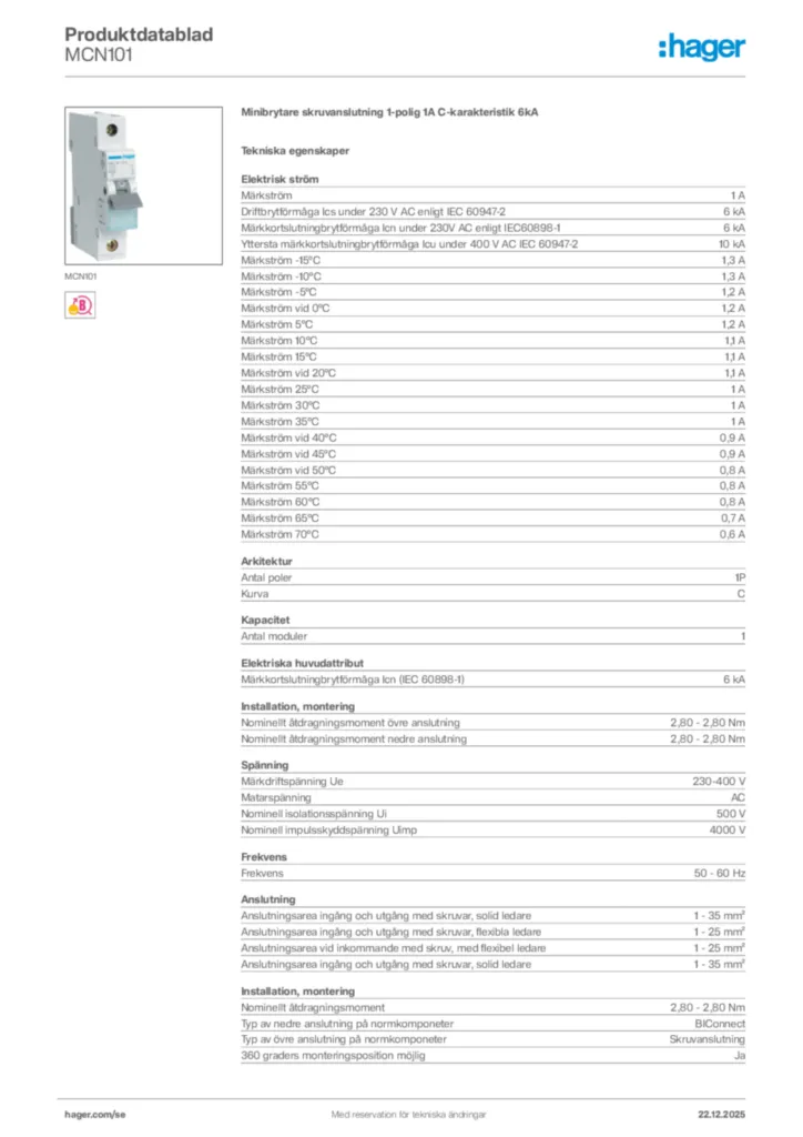 Bild Hager Produktdatablad MCN101 | Hager Sverige