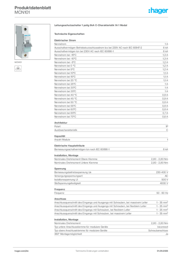 Hager Produktdatenblatt MCN101