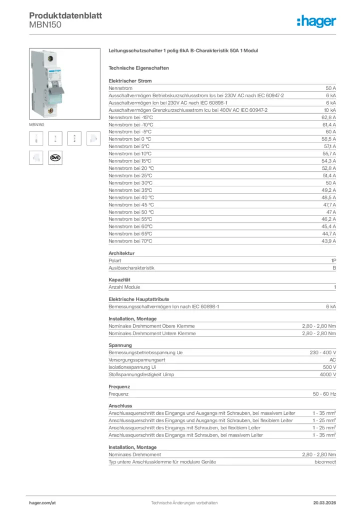 Bild Hager Produktdatenblatt MBN150 | Hager Deutschland