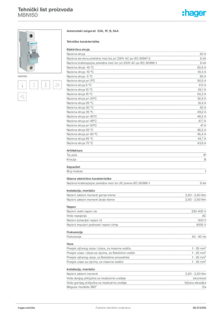 Slika Hager Product data sheet MBN150  | Hager
