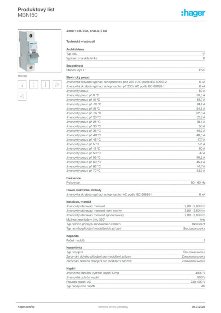 Obrázek Hager Product data sheet MBN150 | Hager