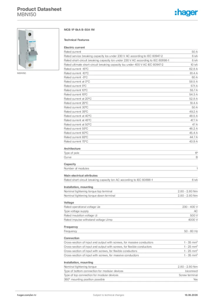 Image Hager Product data sheet MBN150  | Hager