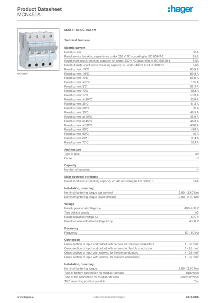 Image Hager Product data sheet MCN450A  | Hager