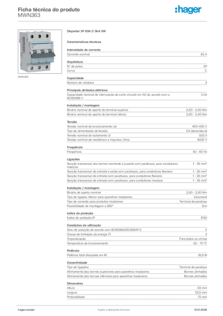 Imagem Hager Ficha técnica do produto MWN363 | Hager Portugal