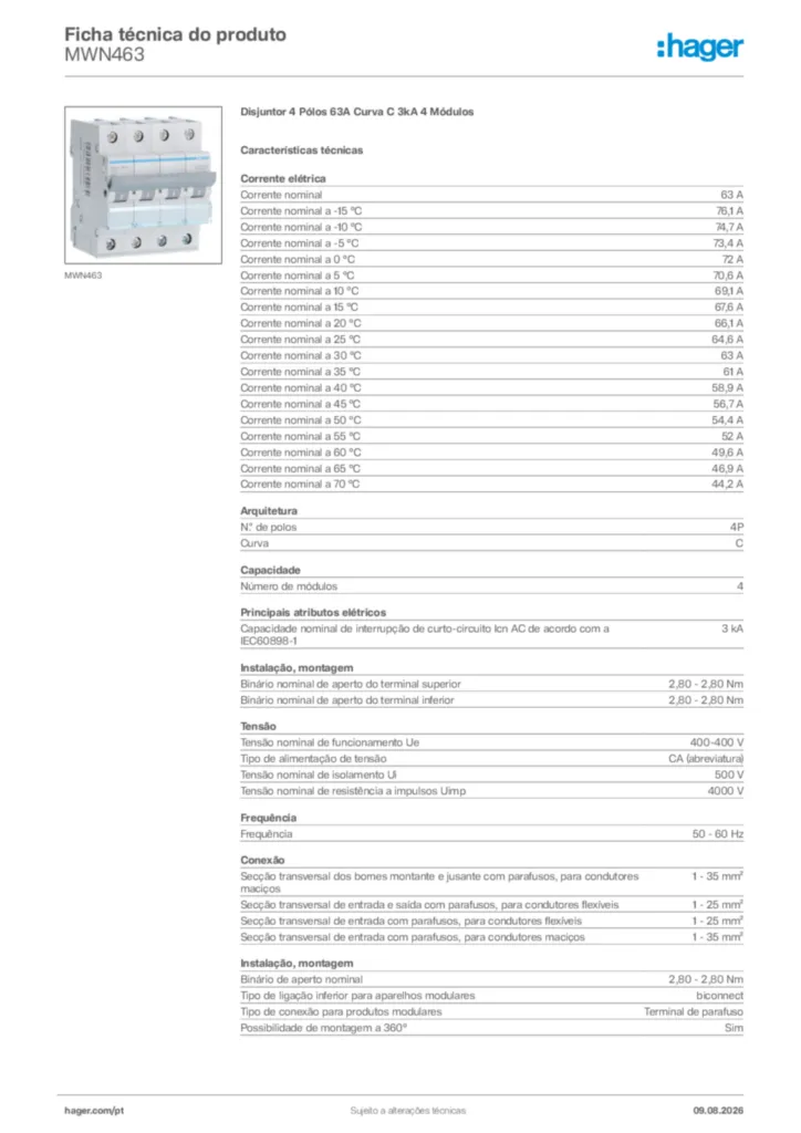 Imagem Hager Ficha técnica do produto MWN463 | Hager Portugal